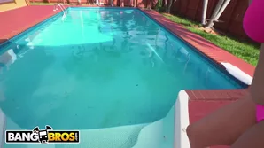 Voluptuous Latina mature with big boobs indulges in passionate poolside sex with generously endowed partner captured in high-definition