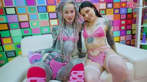 Tattooed women explore kinky anal pleasures with unusual toys at a raucous goth gathering