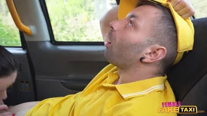 A voluptuous brunette in a thong mounts a delivery man's large penis in a point-of-view encounter