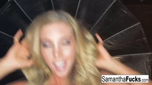 Samantha Saint's arousing solo performance with a close-up view of her curvaceous breasts