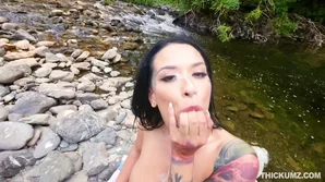 Tiny brunette with large breasts receives vigorous POV sex in the woods