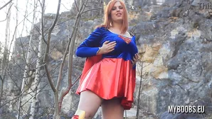 Alexsis Faye, a European amateur beauty, demonstrates her cosplay abilities before indulging in outdoor self-pleasure, revealing her underwear