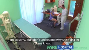 A middle-aged blonde woman experiences a ejaculation inside her during a pretend medical examination